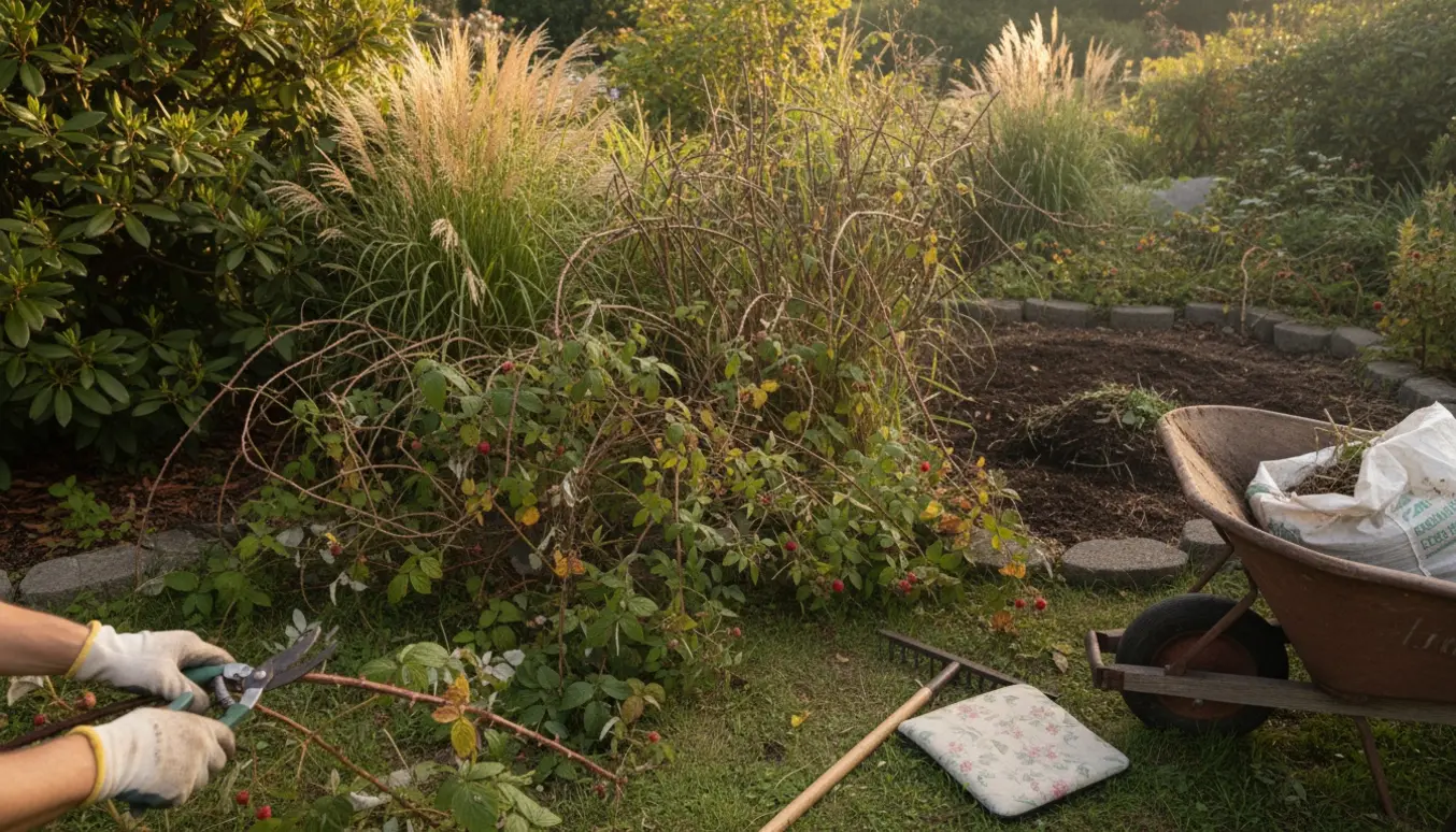Tre havebede: et med rododendron og vilde brombær, et med vilde hindbær og høje græsser, og et lille nyryddet bed med haveredskaber.