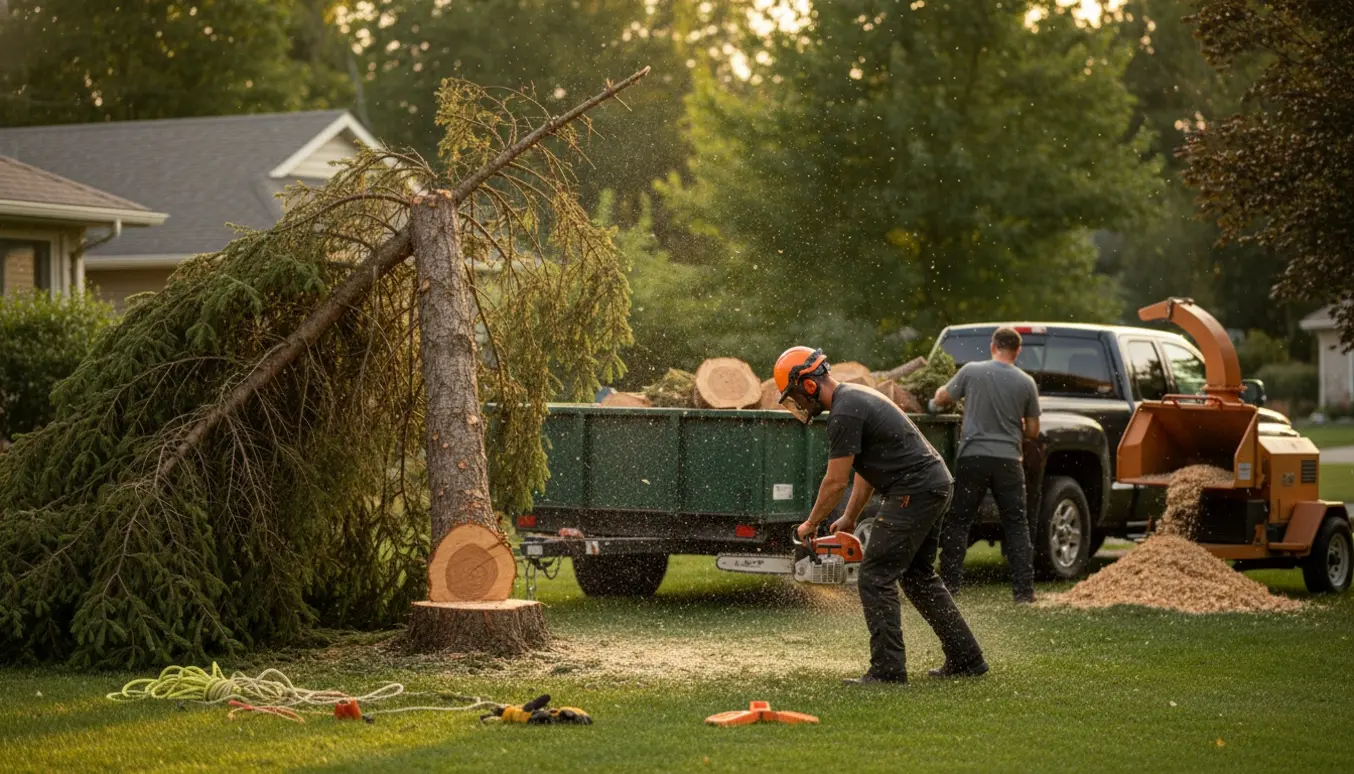 En gran med tynd top fældes og stammer læsses på trailer ved havens kant.