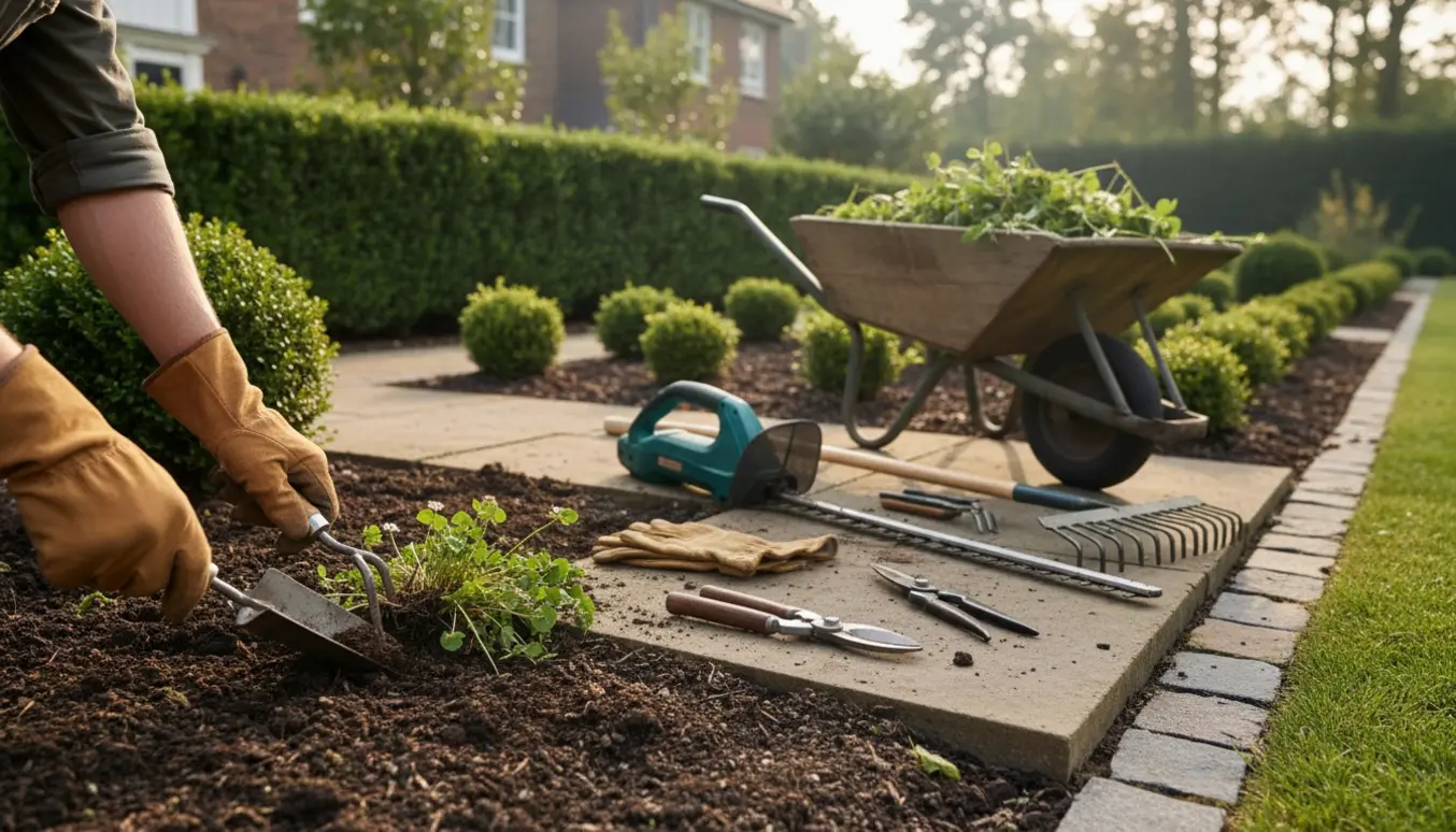 Handskerede hænder luger et blomsterbed med haveredskaber og en nyklippet hæk i baggrunden.