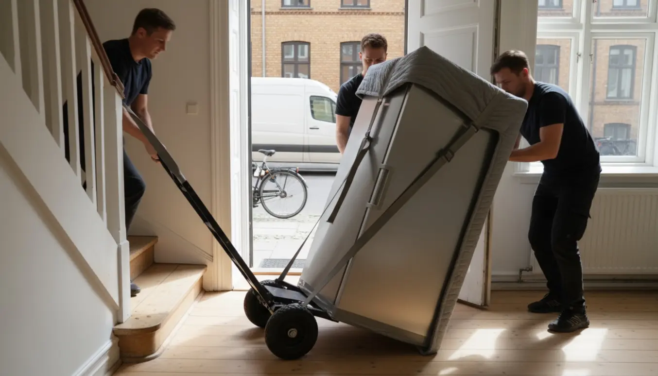 Flyttefolk fører et køleskab ind i en Vesterbro-lejlighed med dolly og flyttetæpper.