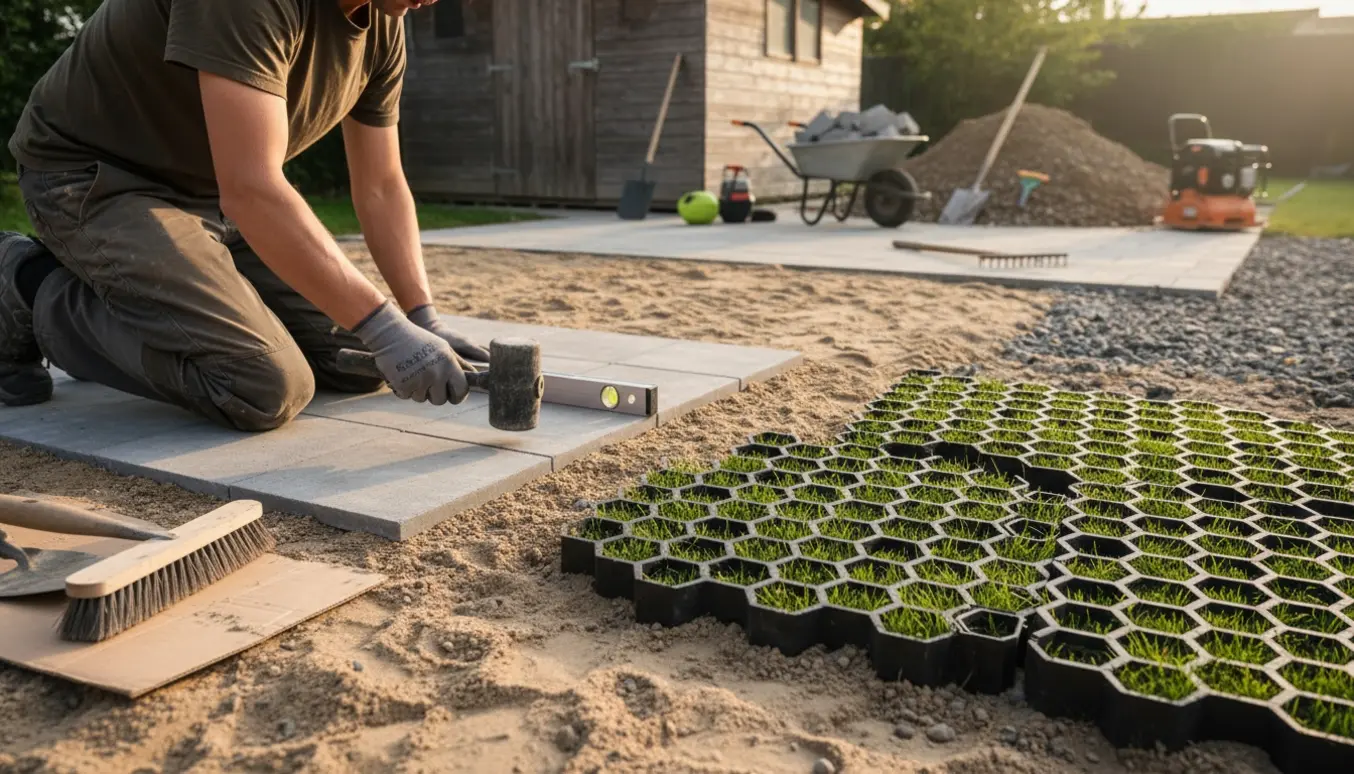 Anlægsgartner lægger firkantede fliser og monterer plastik græsarmering ved et skur med værktøj og jordbunker i baggrunden.