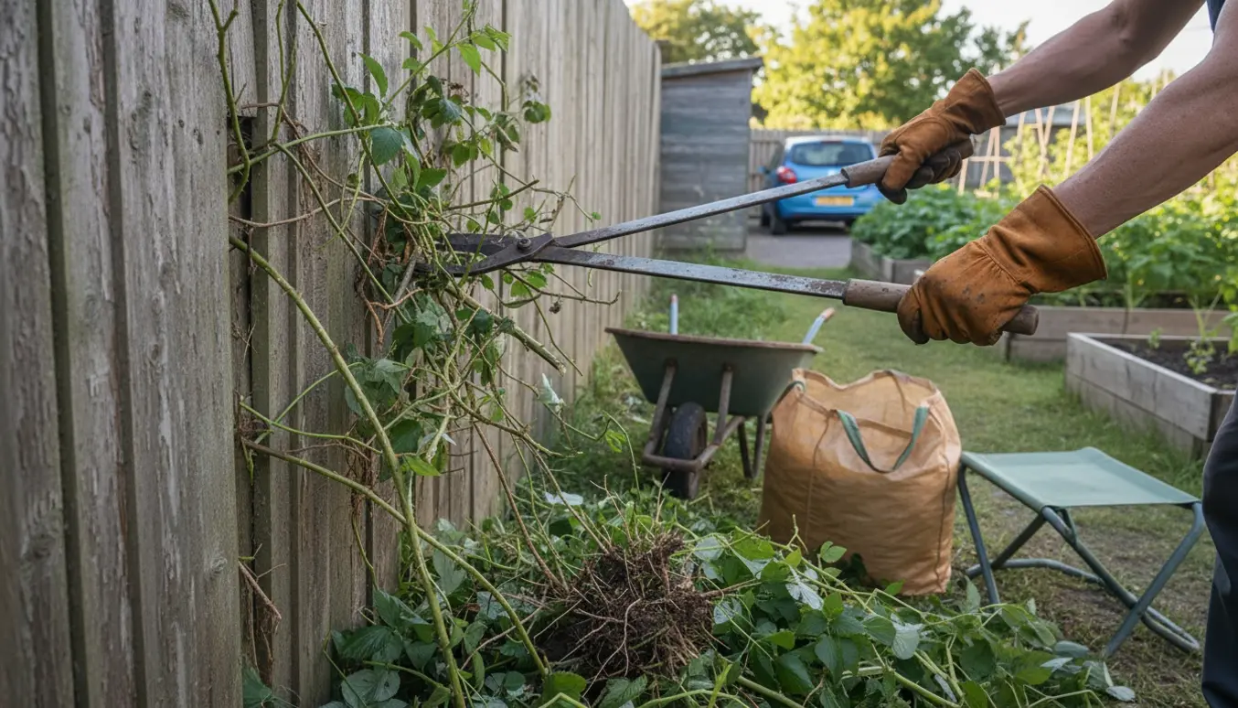 Hænder i handsker fjerner naboens planter, der vokser ind gennem et træhegn i en kolonihave med parkeringsplads i baggrunden.