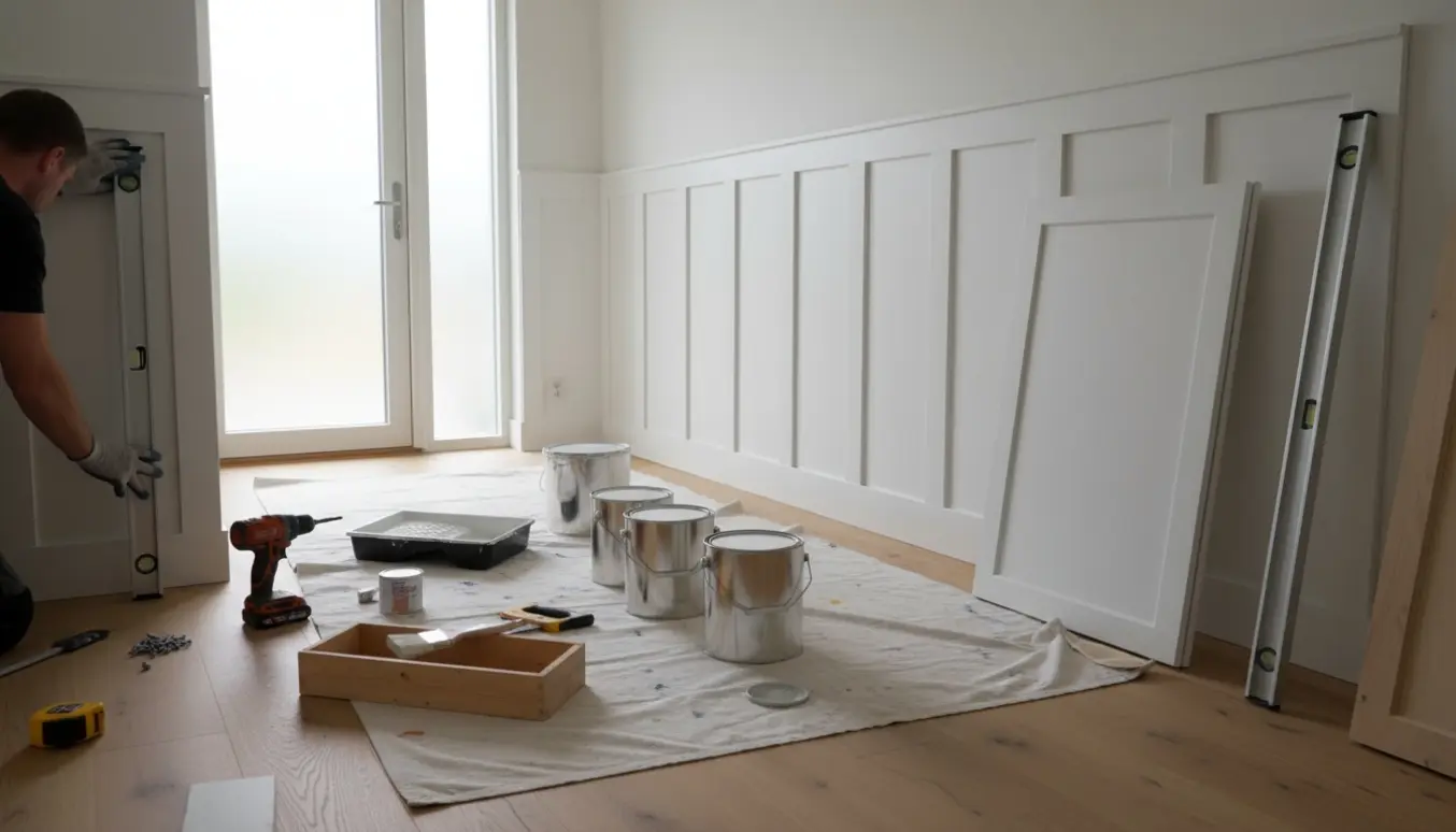 L-formet gang under renovering med høje hvide vægpaneler, værktøj og malerbøtter.