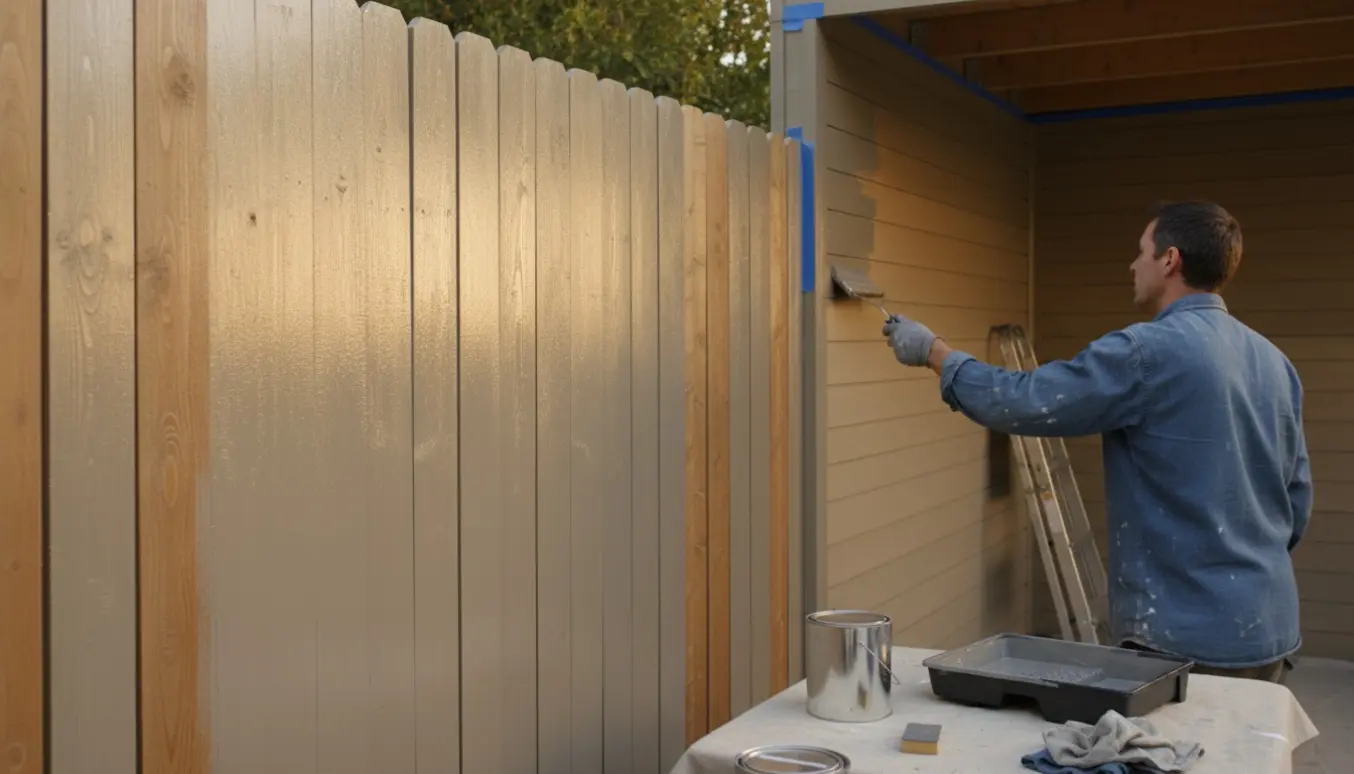 En maler uden synligt ansigt maler et træhegn og carportvæg med rulle og pensel i naturligt dagslys.