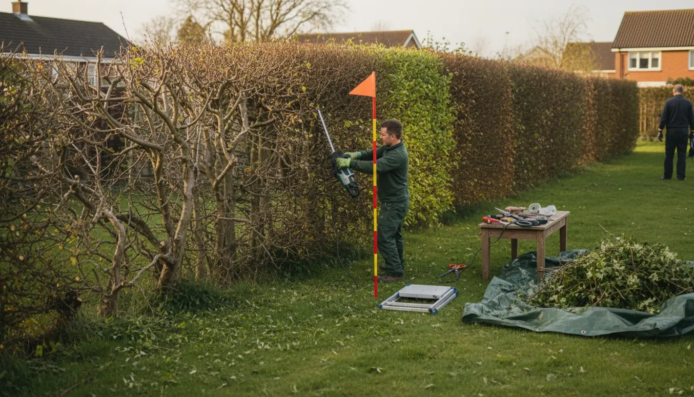Tjørnehæk bliver beskåret til ens højde med værktøj og bunke afskårne grene i haven.