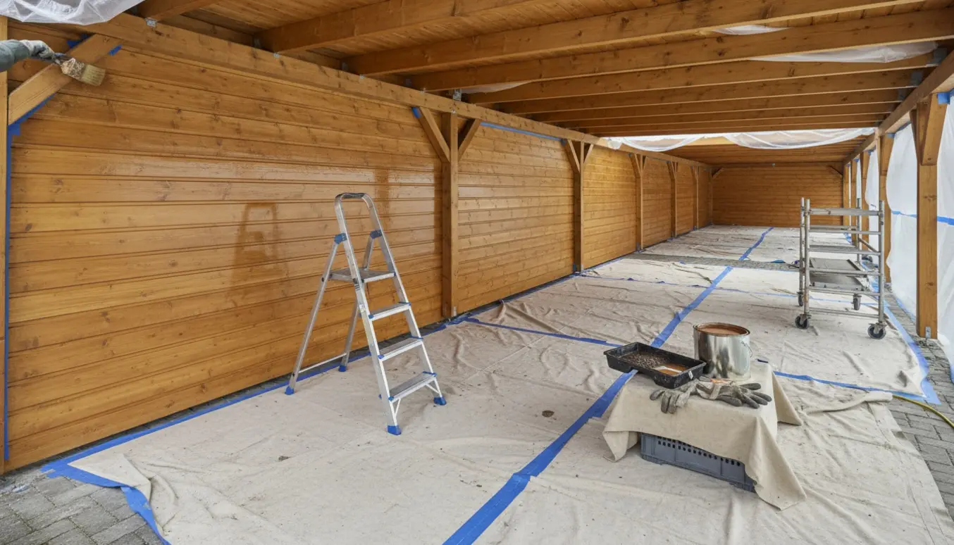 Lang carport med afdækkede fliser og en person på stige, der påfører træbeskyttelse på udvendige brædder.