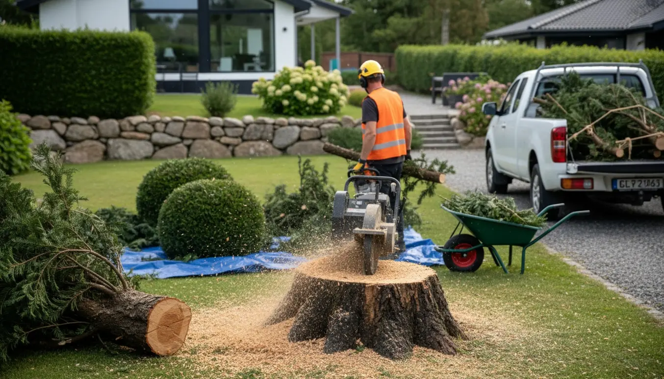 Rodfræsning af en Taxus-stub med træflis og afklippede grene klar til bortkørsel i en dansk have.
