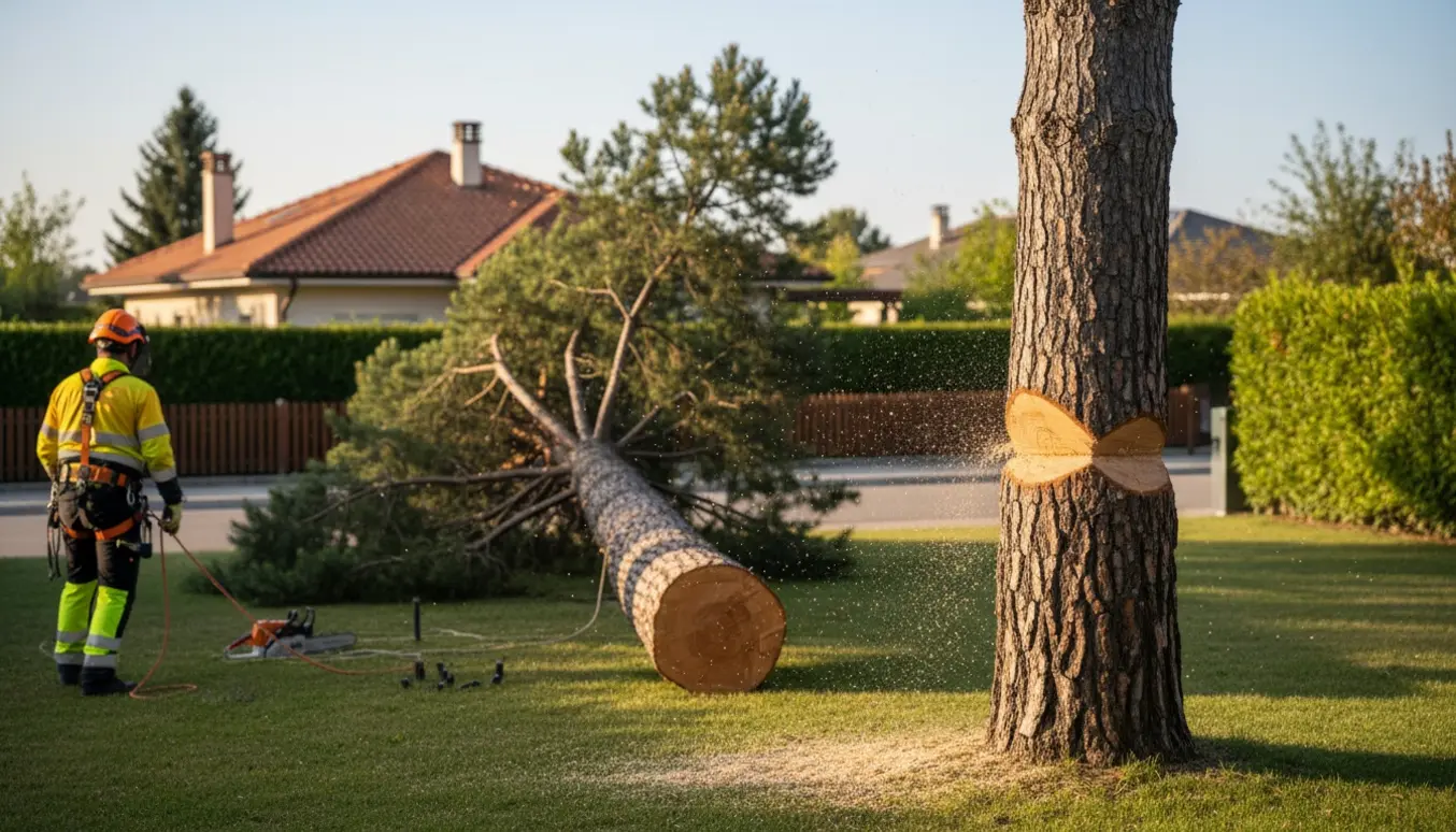 To fældede serbiske fyrtræer i en stille villahave med en arborist set bagfra og savsmuld på græsset.