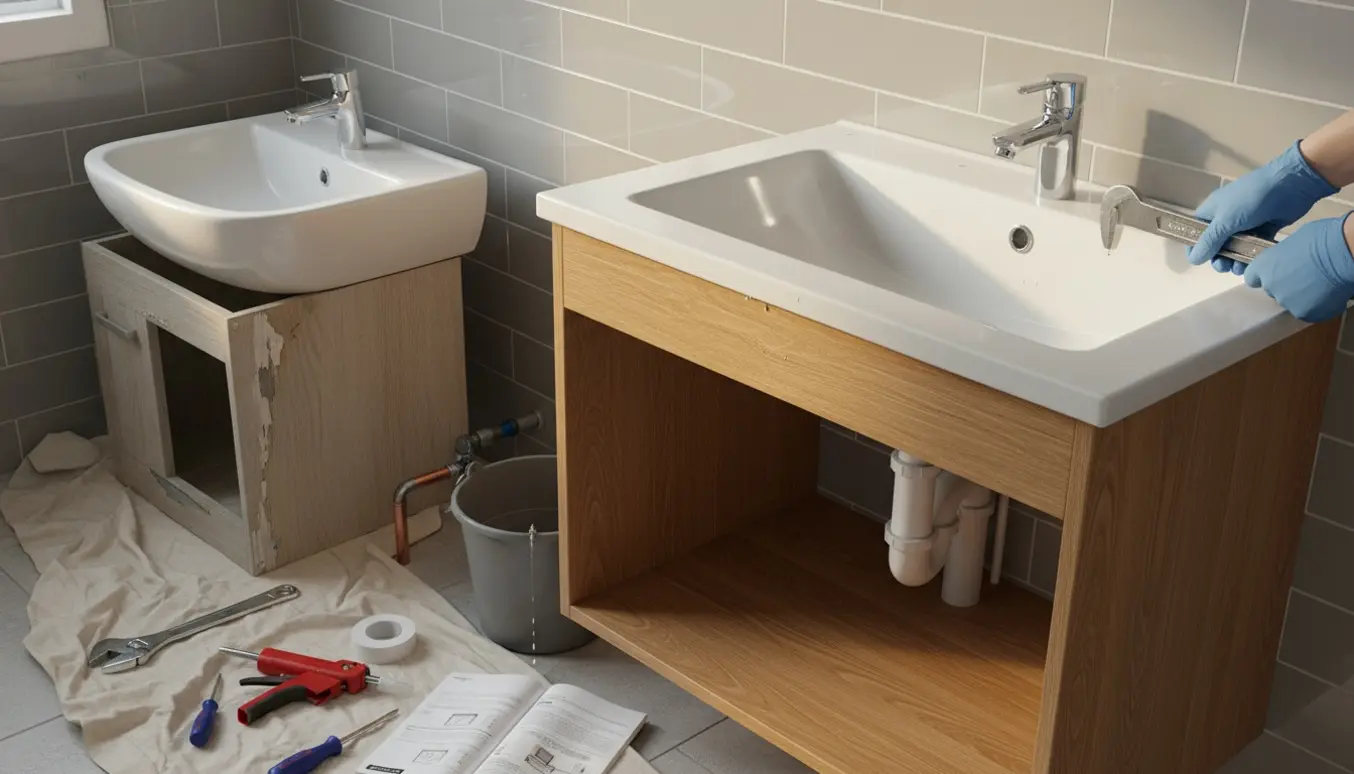 Nyt håndvaskunderskab installeres i badeværelse med værktøj og handsker.