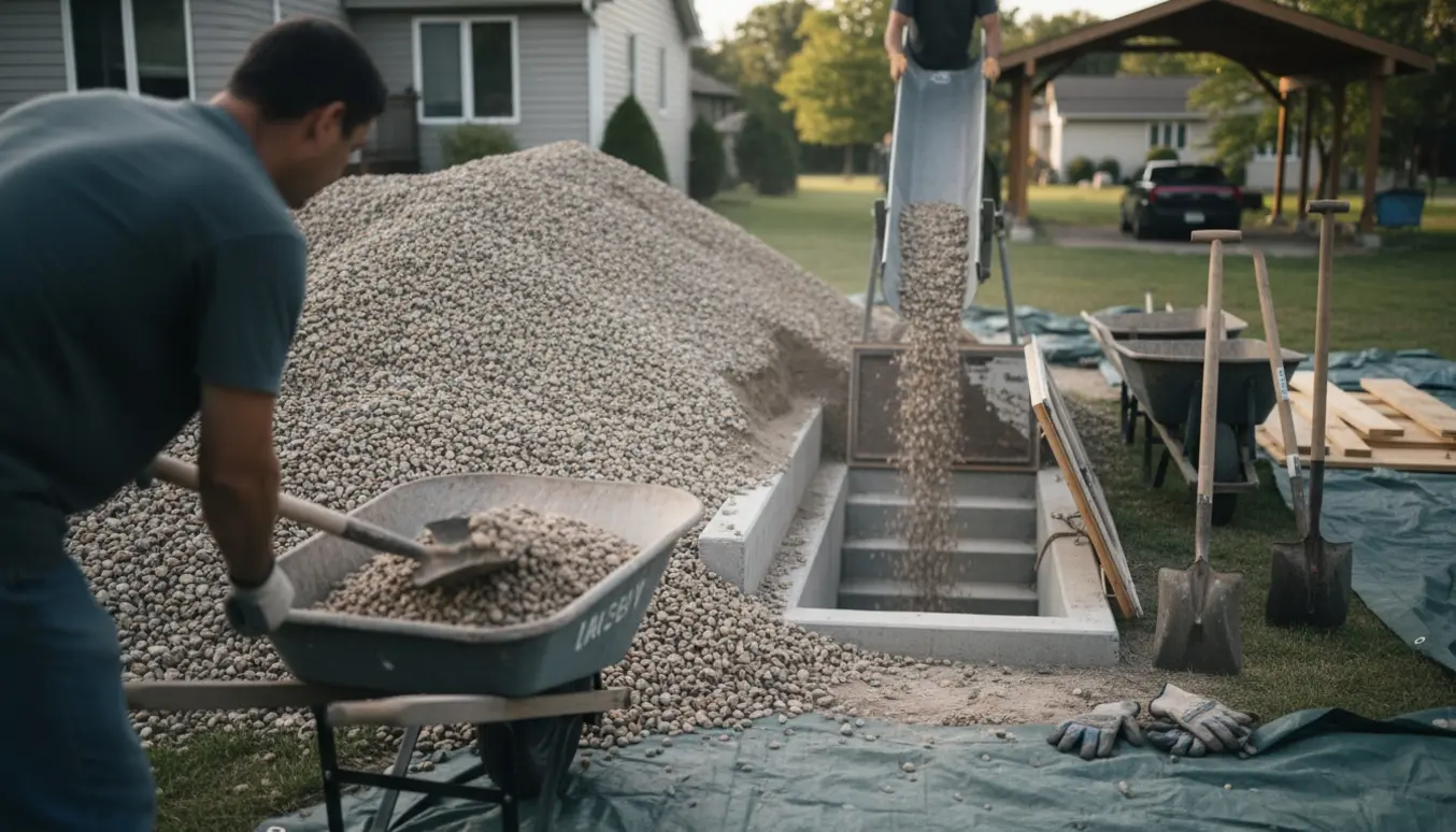 Stor bunke ærtesten føres via en metal-slidske ind i en åben kælder mens arbejdere med skovle og trillebøre håndterer materialet.