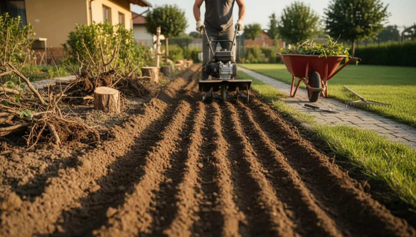 Langt, smalt bed under rydning og fræsning med mørk, løs jord, bunker af buske og en trillebør ved siden af.