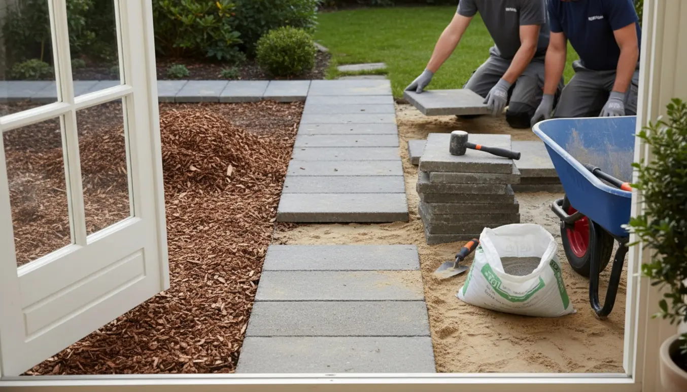 Håndværker lægger 40x40 fliser fra havedøren, mens træfliser fjernes og materialer ligger klar i haven.