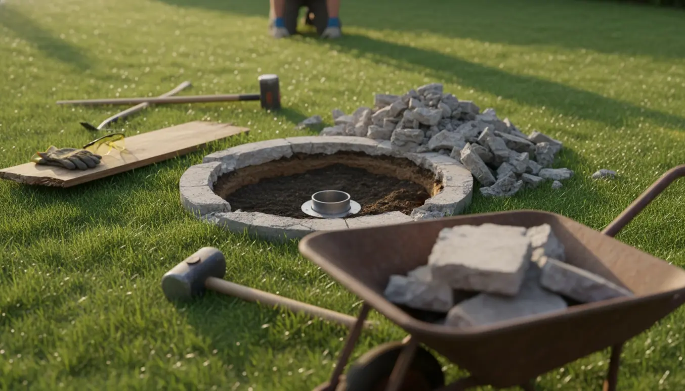 Udgravet hul efter fjernet flagstang med knust beton og værktøj klar til at blive fyldt med nyt jord.