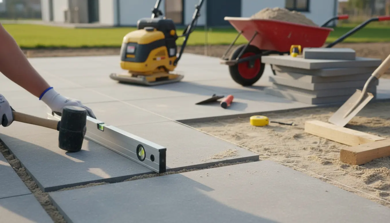 Nærbillede af anlæg af fliseterrasse med store 90x90 cm fliser, sand, værktøj og hænder i arbejde.
