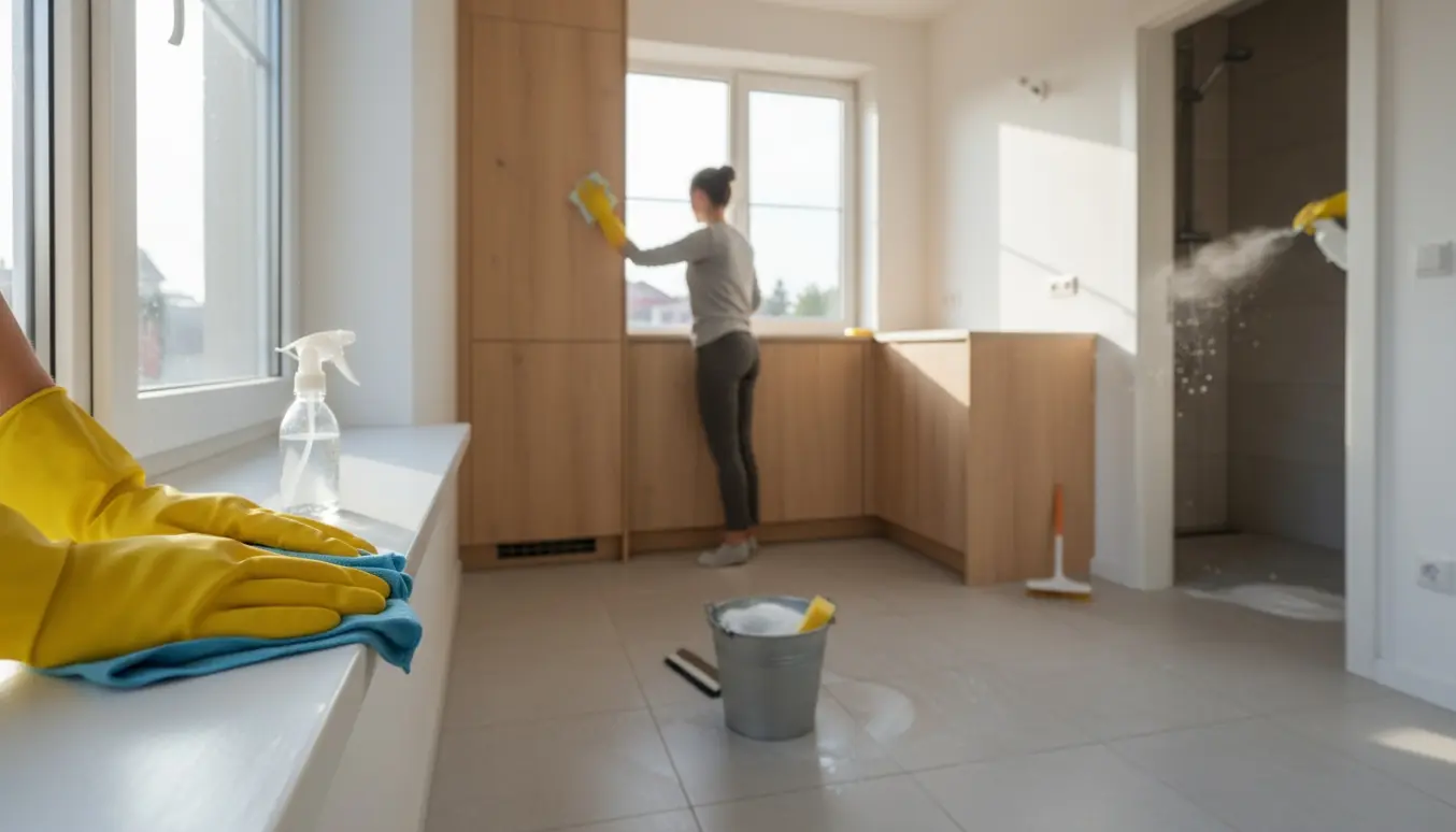 Tomt hus under rengøring: handsker og klud ved vindueskarme og køkkenskabe og kalkfjerner på brusegulvet.