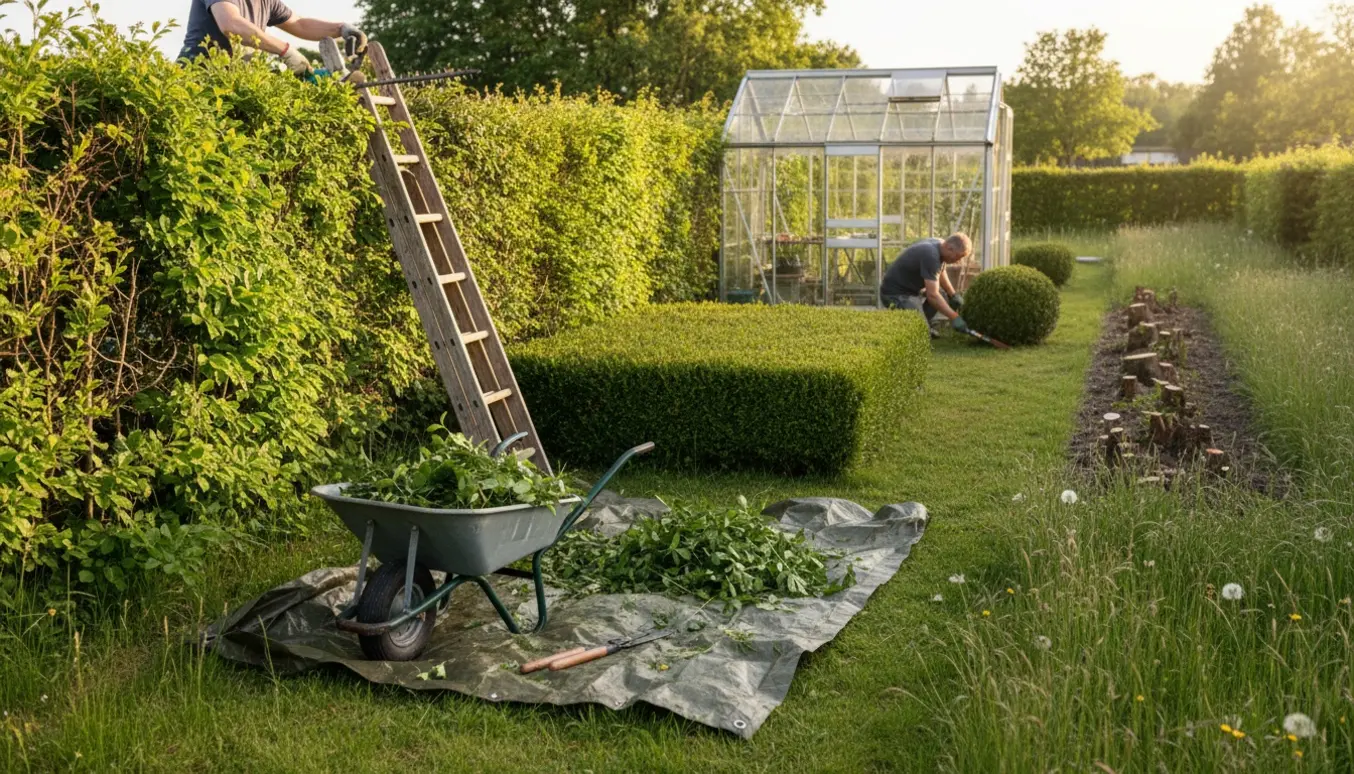 En havearbejder trimmer en hæk ved et drivhus, med nyklippede grene i trillebør og uplejet græs omkring.