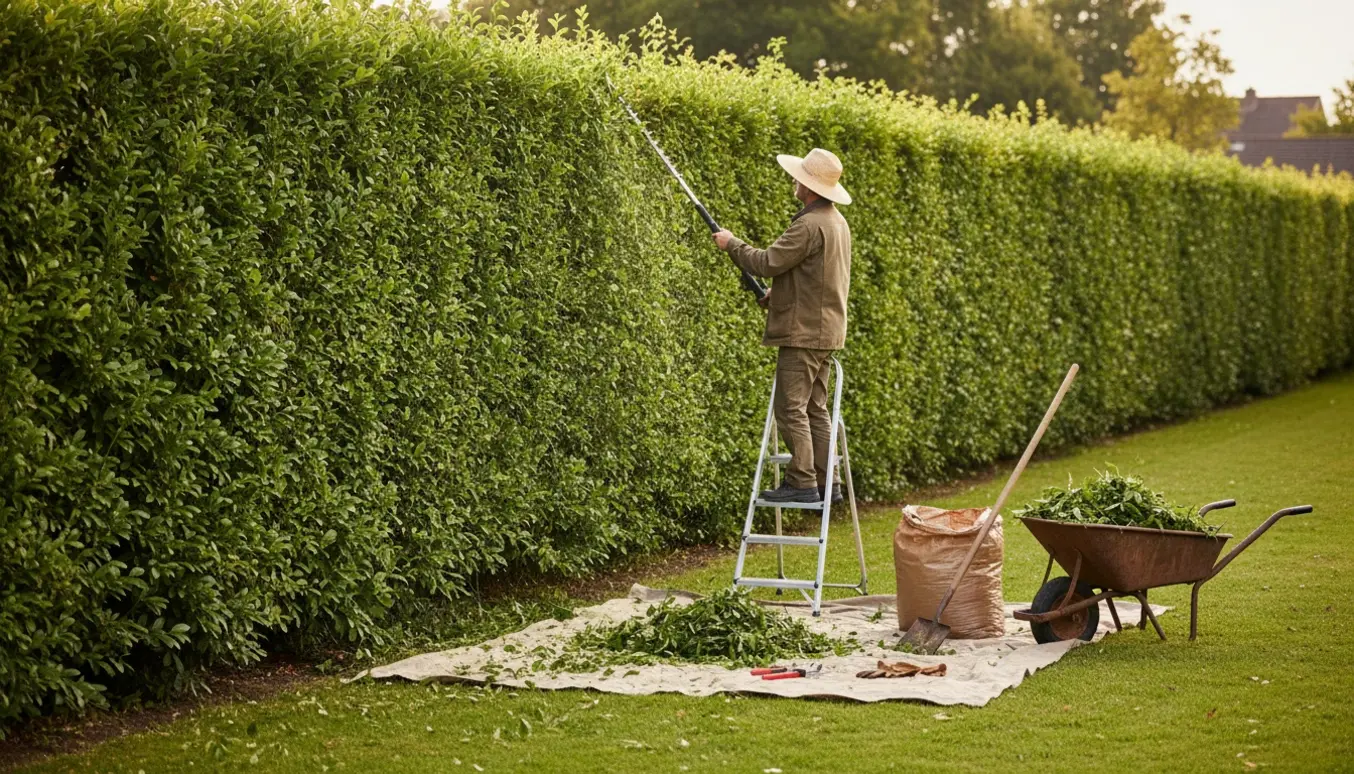 Gartner set bagfra klipper toppen af en tæt hæk, mens afklip samles i trillebør og på presenning.