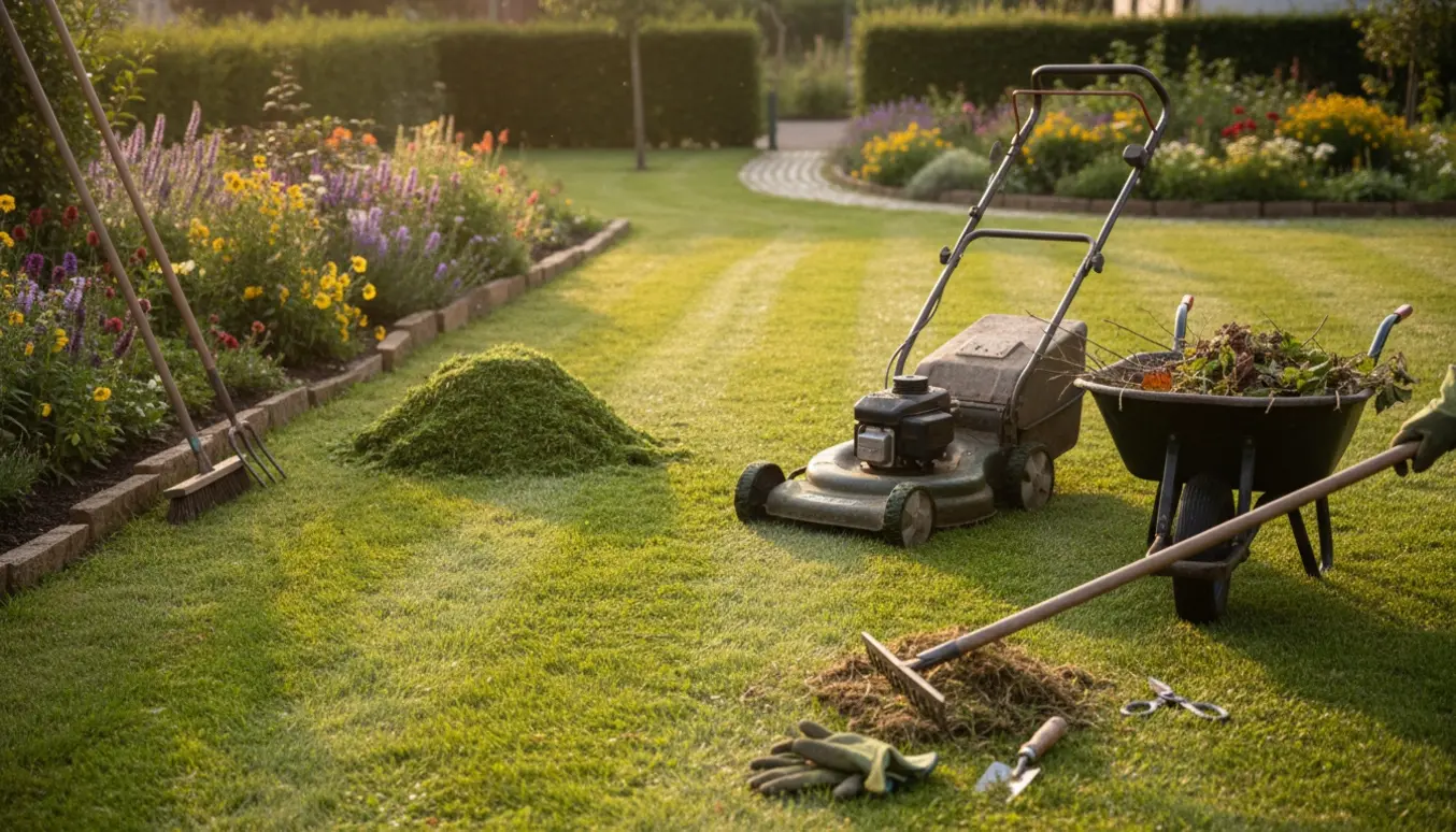 Delvist nyslået privat have med græsslåmaskine, rive og værktøj til ukrudtsfjernelse.
