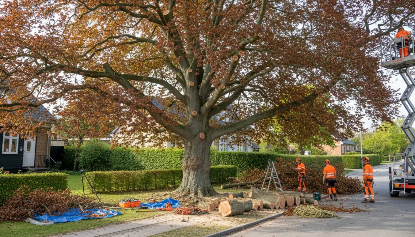 Arborist topkapper og stynker en stor rødbøg på en rolig villavej med savsmuld og afskårne grene.