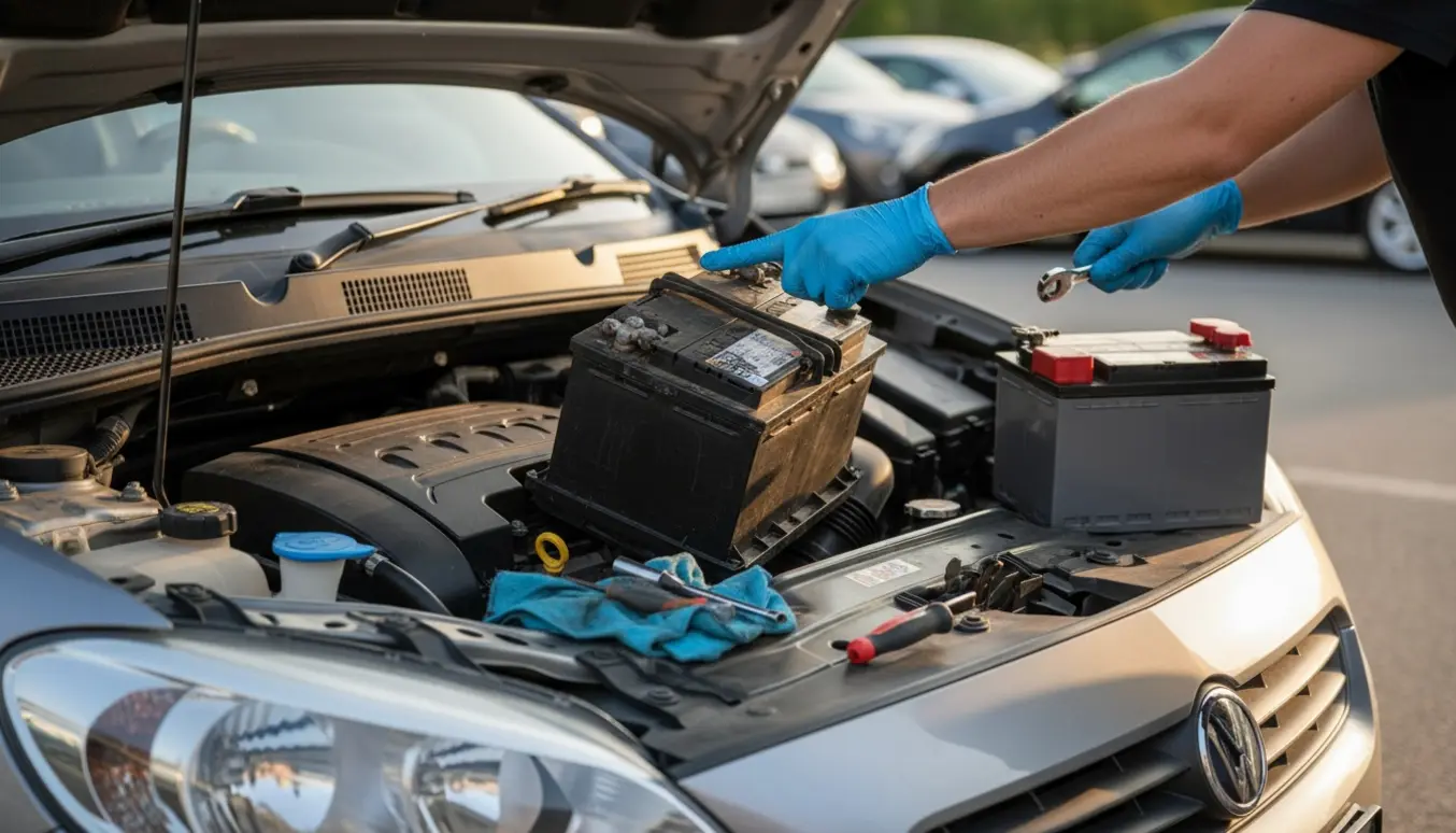Åben motorhjelm på en lille bybil i en parkeringsplads, hvor hænder i handsker udskifter bilbatteri.