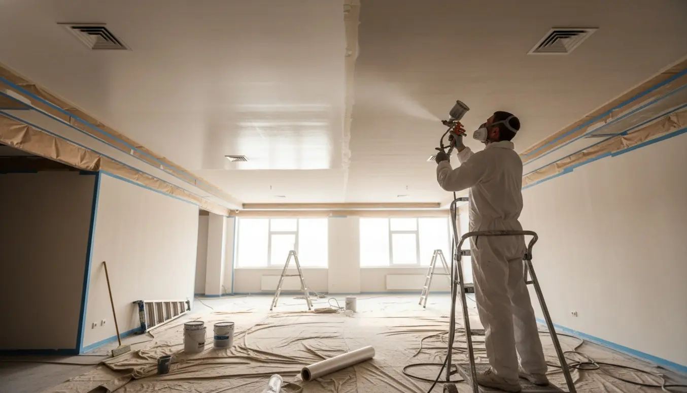 En maler sprøjter hvid maling op på et loft i et stort rum med afdækning og stillads.