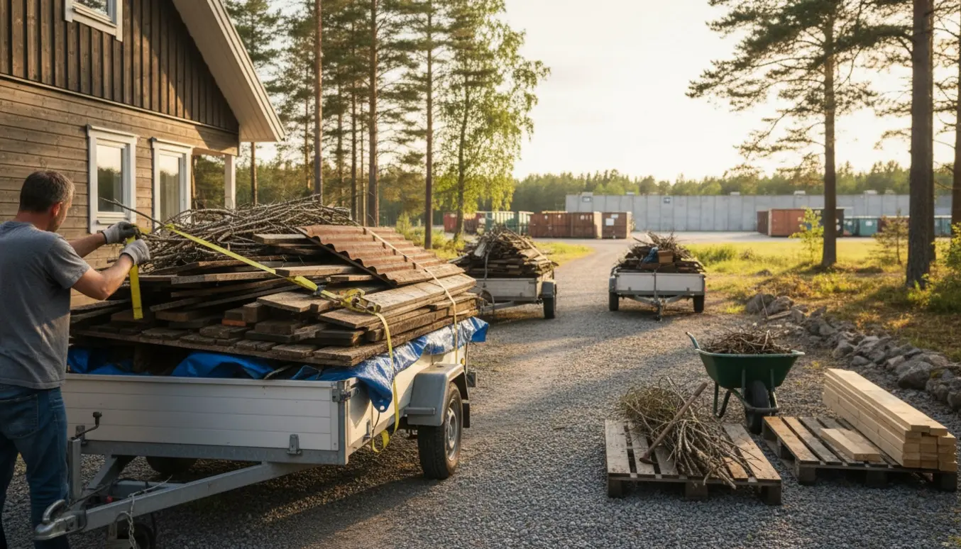 Lastet trailer med rester af skur og træ ved et sommerhus, klar til afhentning til genbrugspladsen.