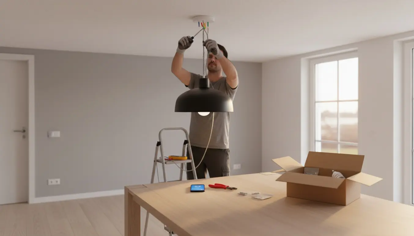 Hænder monterer en Philips Hue-pendel fra en skammel i en moderne stue.