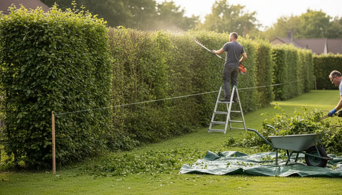 Lang bøgehæk trimmet i toppen med teleskophækkeklipper, afklip samlet i trillebør og presenning.