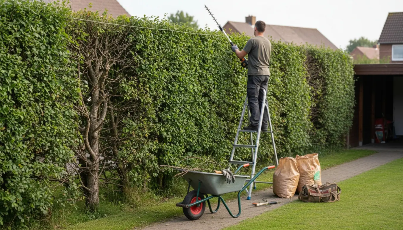 En person trimmer en høj tjørnehæk indefra og ovenfra med en batterihækkeklipper, klip samlet i en trillebør ved carporten.