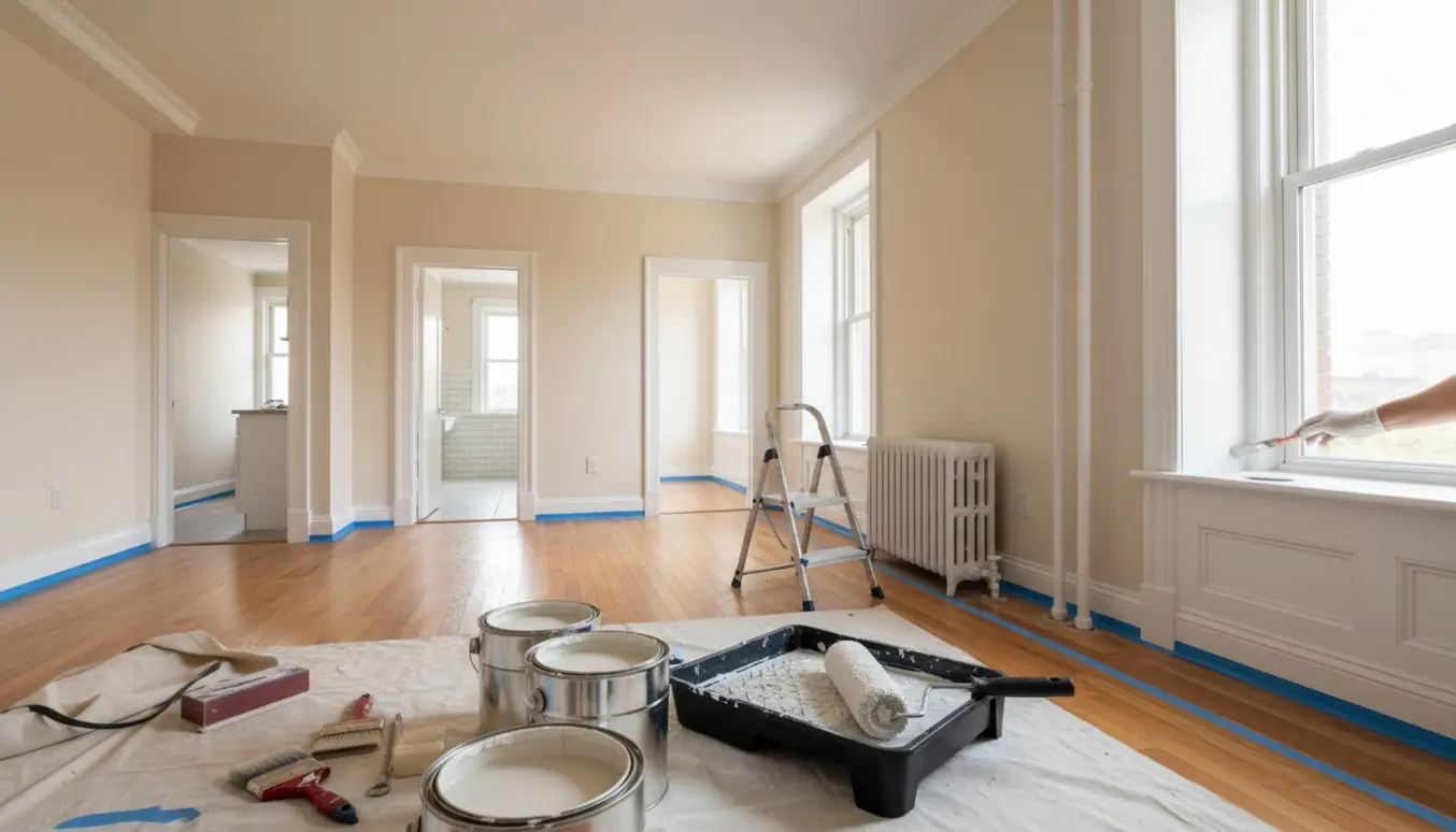 Tom, nymalet lejlighed klar til fraflytningssyn med malerværktøj og nymalet træværk i lys råhvid.