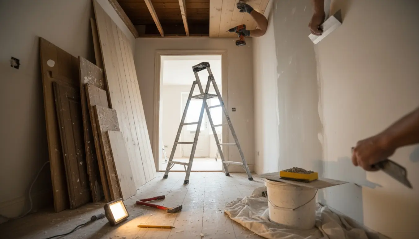 Renovering af entré: installation af nye profilbrædder i loftet og spartling af vægge med værktøj synligt.