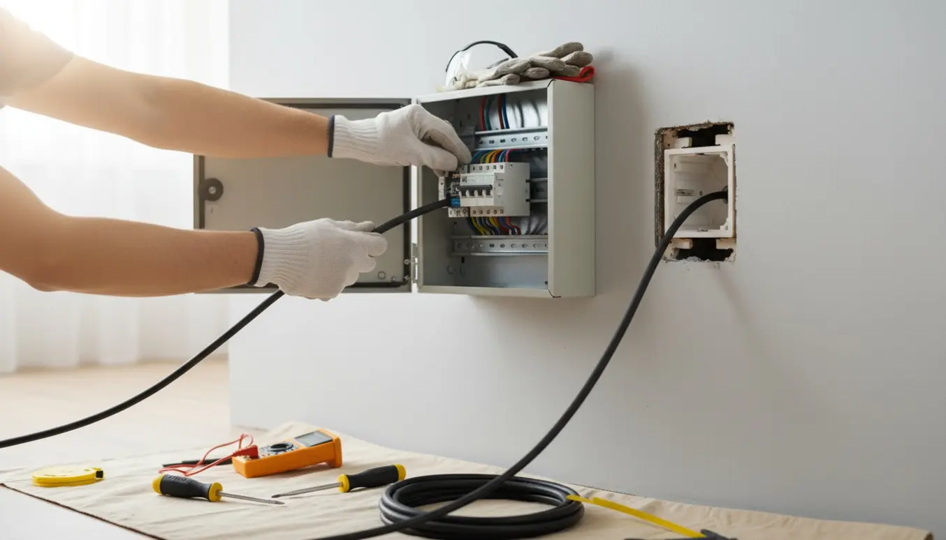 Arbejdshænder trækker en kraftig elkabel fra en åben eltavle til en ny stikkontakt i et lyst rum.