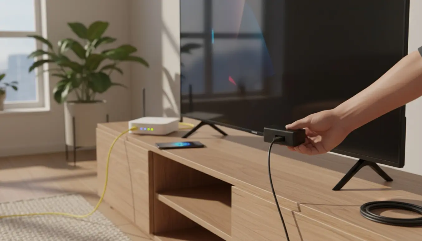 Hænder tilslutter en streaming-dongle i et slankt Samsung-tv med router og smartphone på et stilrent mediemøbelsbord.