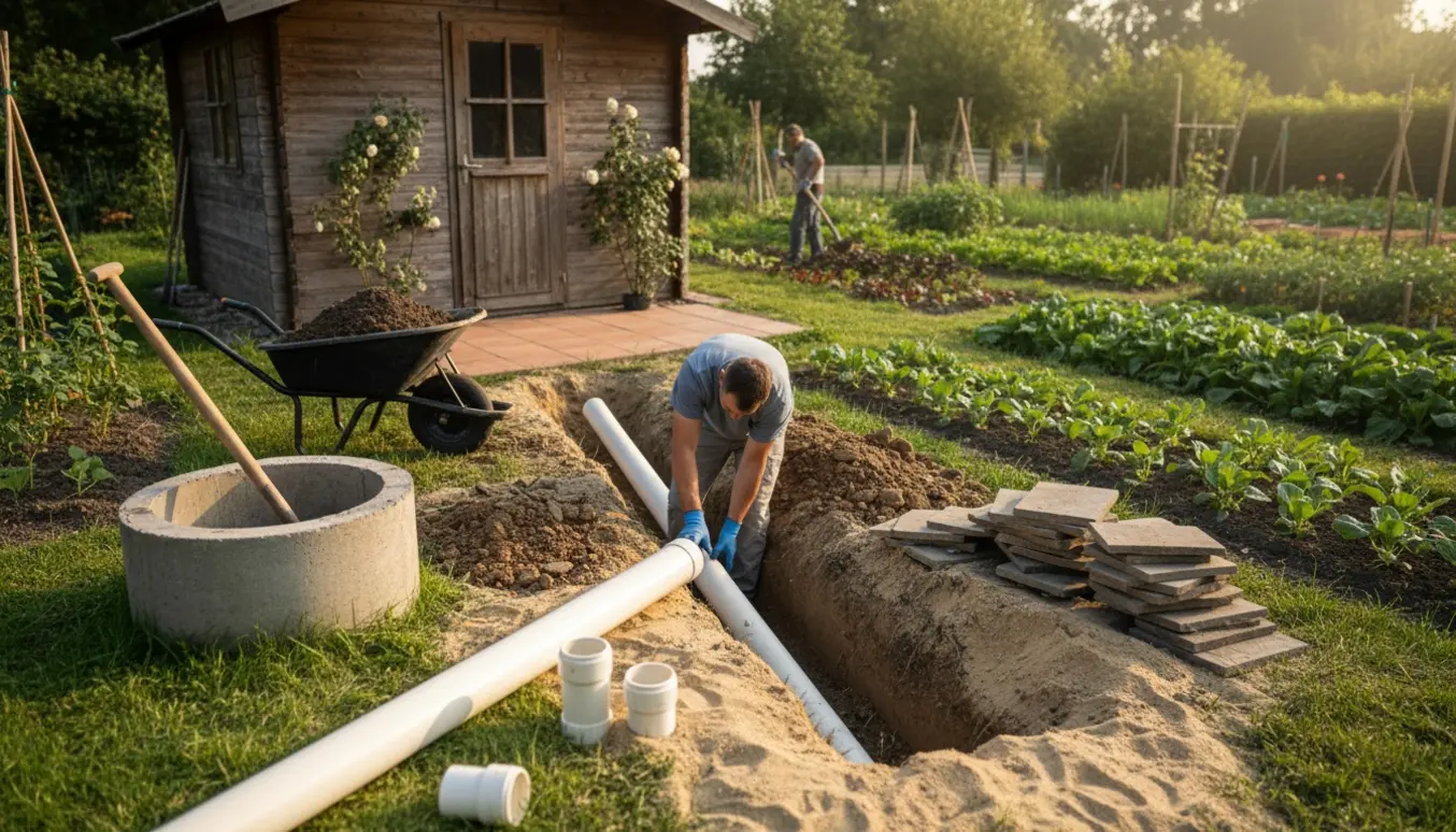 Kloakarbejde i kolonihave med hvid 110 mm kloakrør lagt i en meter-dyb rende fra brønd mod skur, sten stablet ved terrassen.
