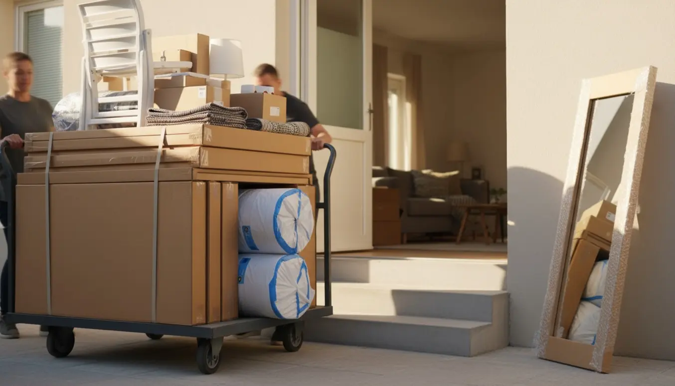 Click-og-hent-ordre med bordplader, rullemadrasser og indpakkede møbler bæres ind i en stuelejlighed.