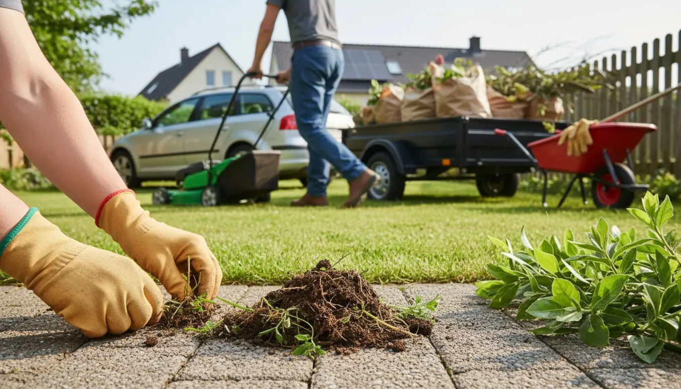 Hænder fjerner ukrudt mellem fliser med nyslået græs og trailer med haveaffald i baggrunden.