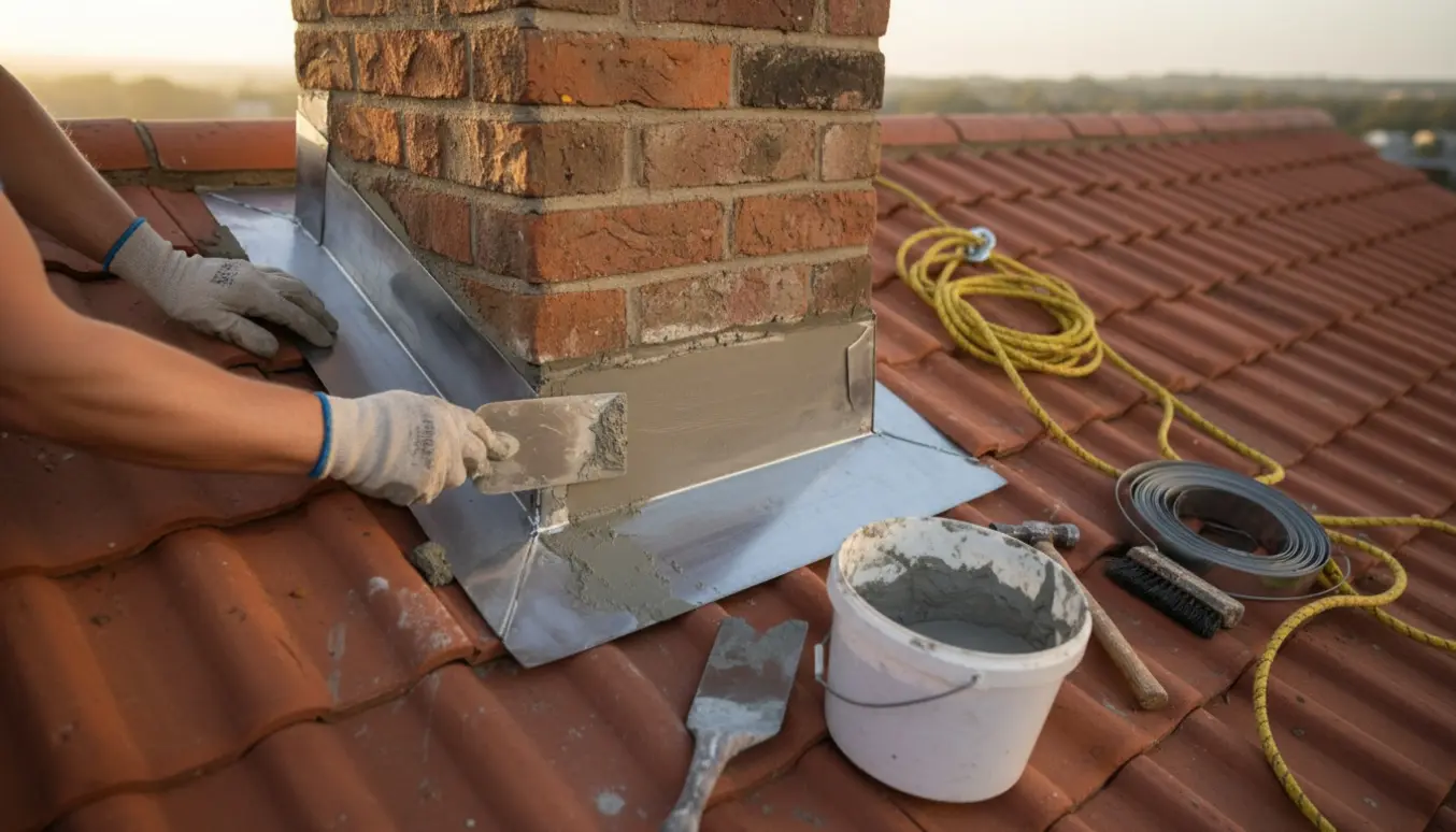 Oppudsning og inddækning af teglskorsten på et stejlt tag med en hånd, der glatter frisk mørtel.