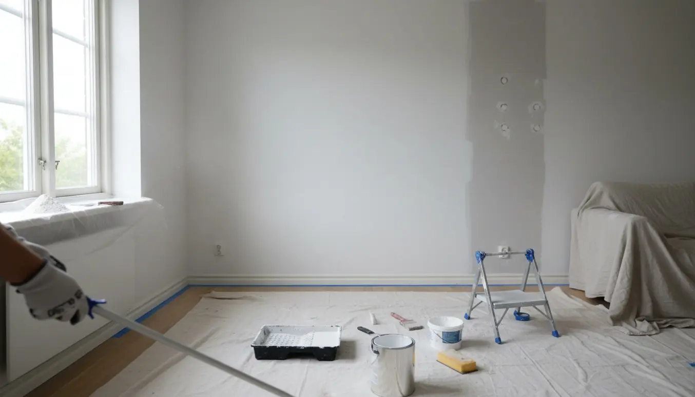 Indvendig malerarbejde i et lyst hjem med malerhandsker, rulle og spartlede reparationer på en hvid væg.