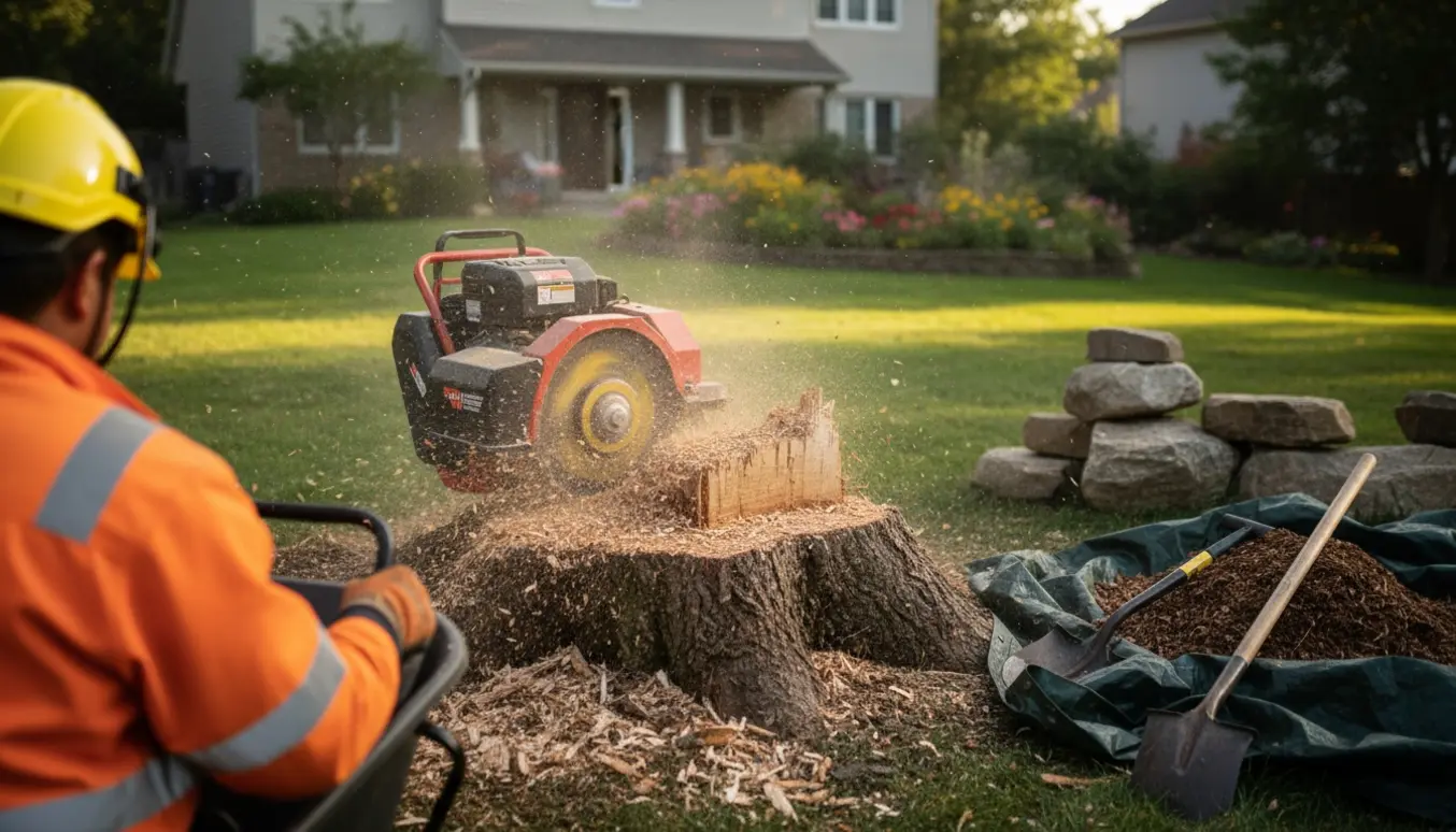 En stubfræser fjerner en træstub i en have med flyttede store sten og en bunke barkflis i baggrunden.