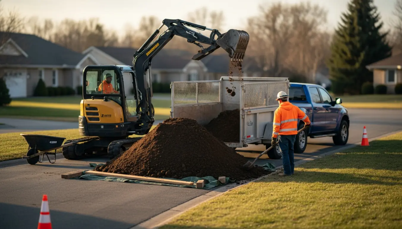 Stor bunke jord ved vejkanten mens en trailer og gravemaskine læsser jorden, arbejderen står med ryggen til.