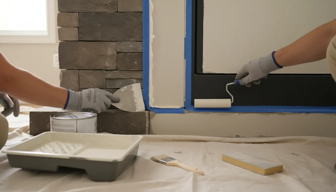Hænder spartler og maler en lukket pejseindsats med værktøj på et beskyttelsesunderlag.