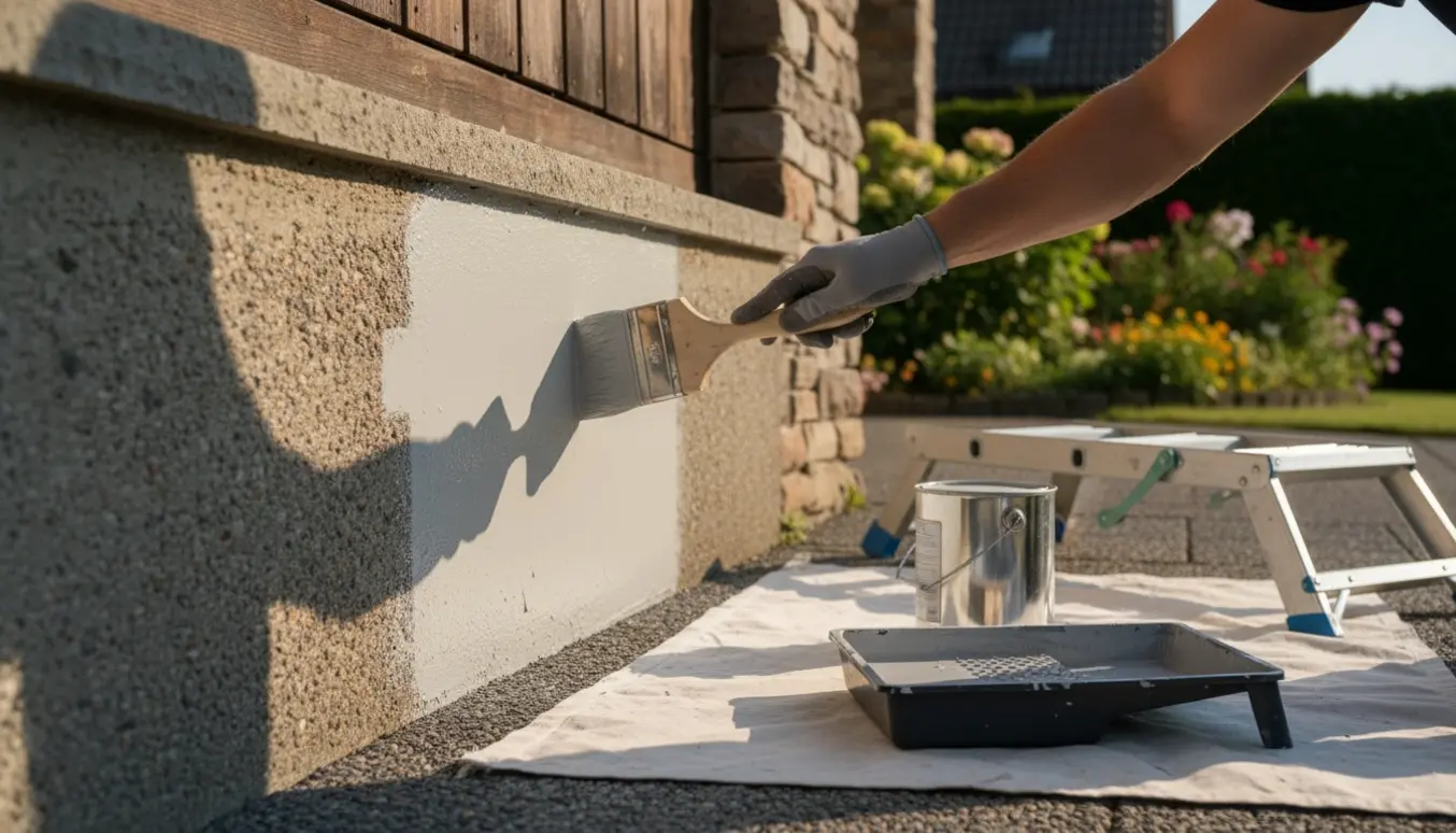 Bred pensel maler fundamentet ved husgavl og betonterrasse med frisk maling.