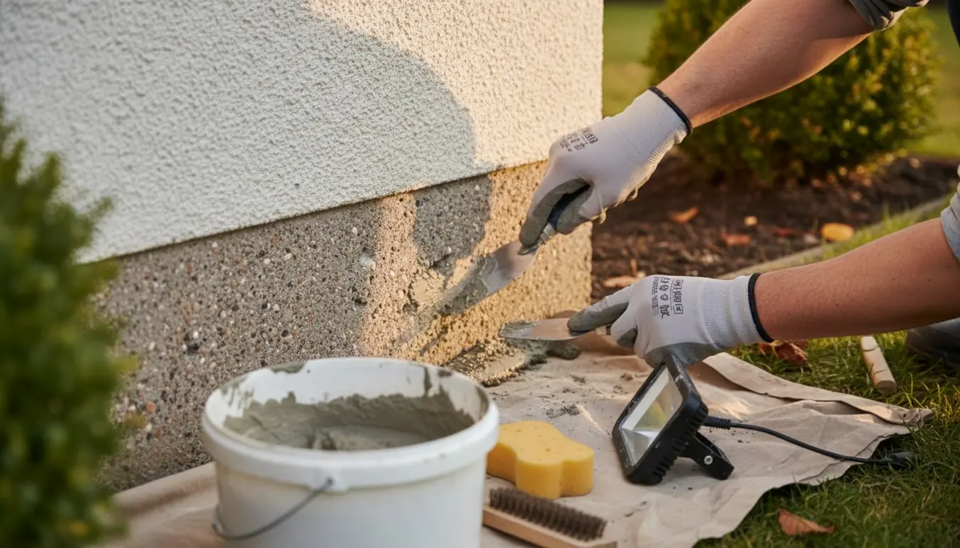 Nærbillede af hænder, der fylder huller i husets sokkel med mørtel og murske.