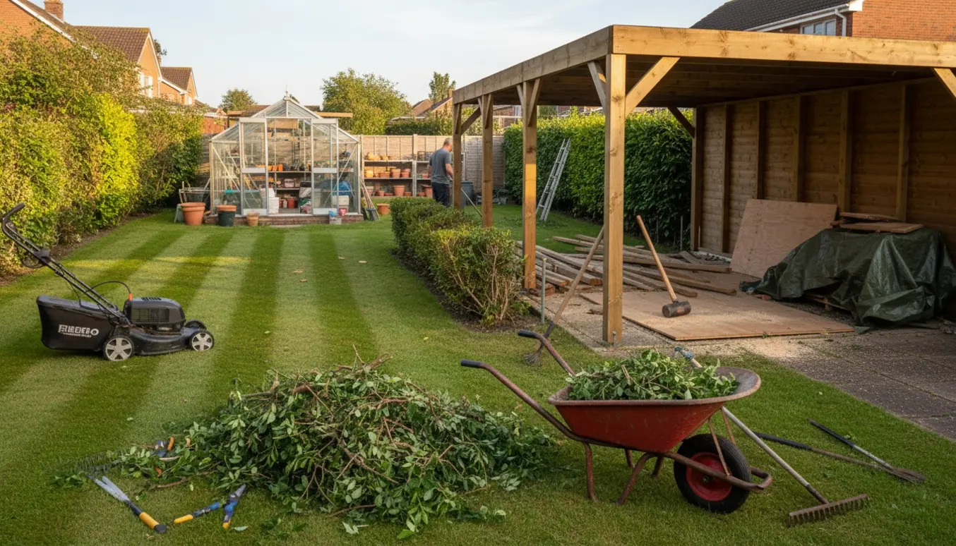 Beskårne buske, oprydning af haveaffald og delvist nedrevet carport foran en udestue.