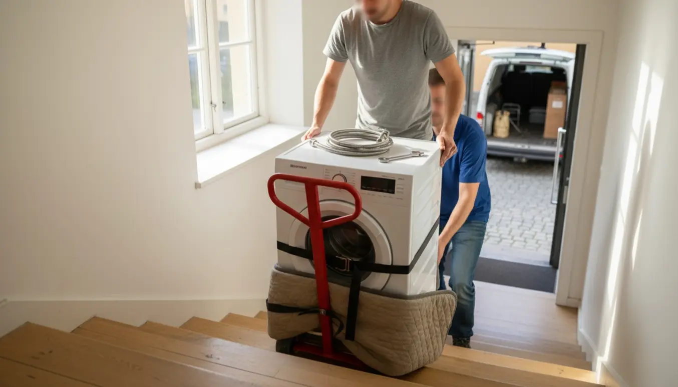 To flyttemænd bærer en vaskemaskine ned ad en lys trappe med afmonteret vandslange.