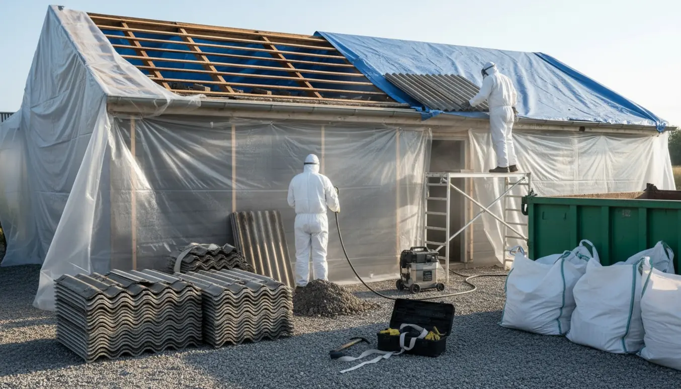 Arbejdere i beskyttelsesdragter fjerner og stabler asbestbølgeplader fra et lavt tag ved siden af en container.