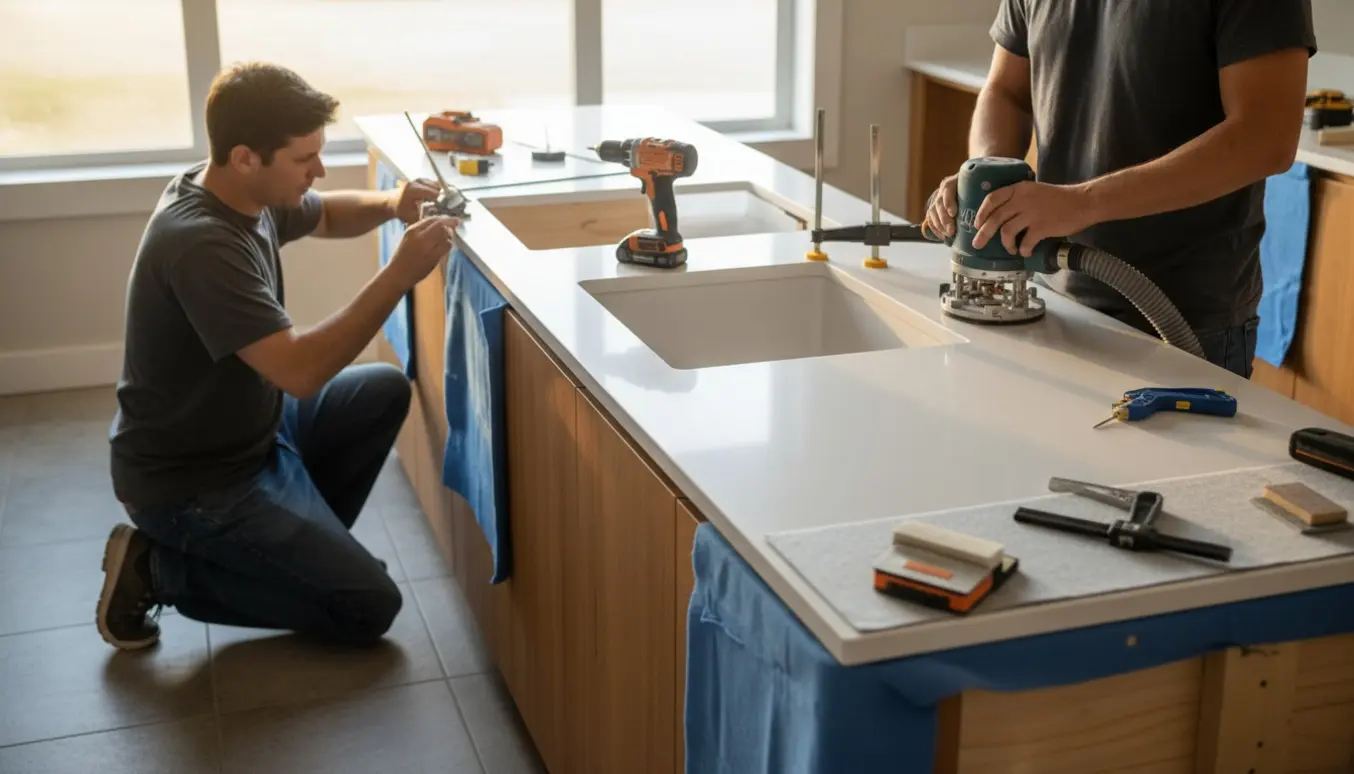 Installatører monterer en lang hvid Corian-bordplade med udskæringer til vask og kogeplade i et lyst køkken.