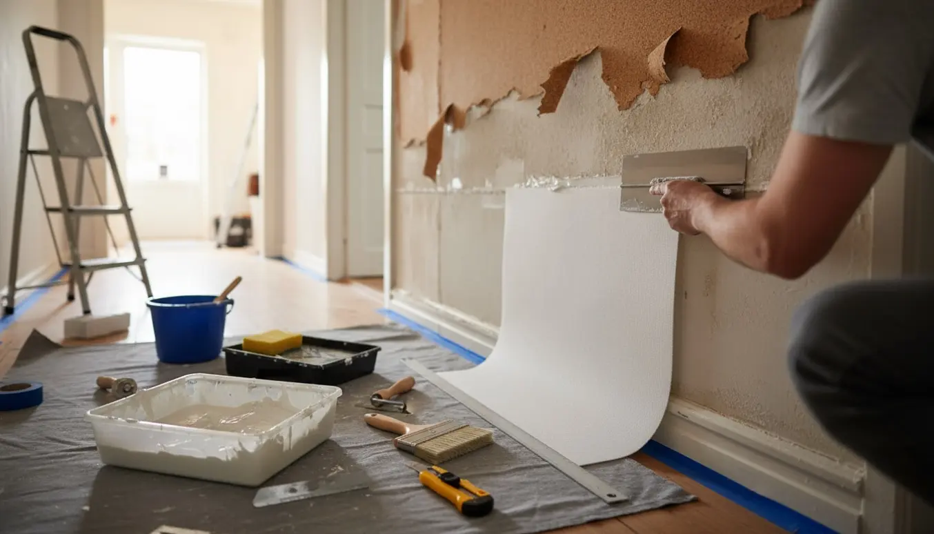 Gang under renovering hvor filt opsættes på væggen, med delvist afrevet kork og værktøj klar på et beskyttende lagen.