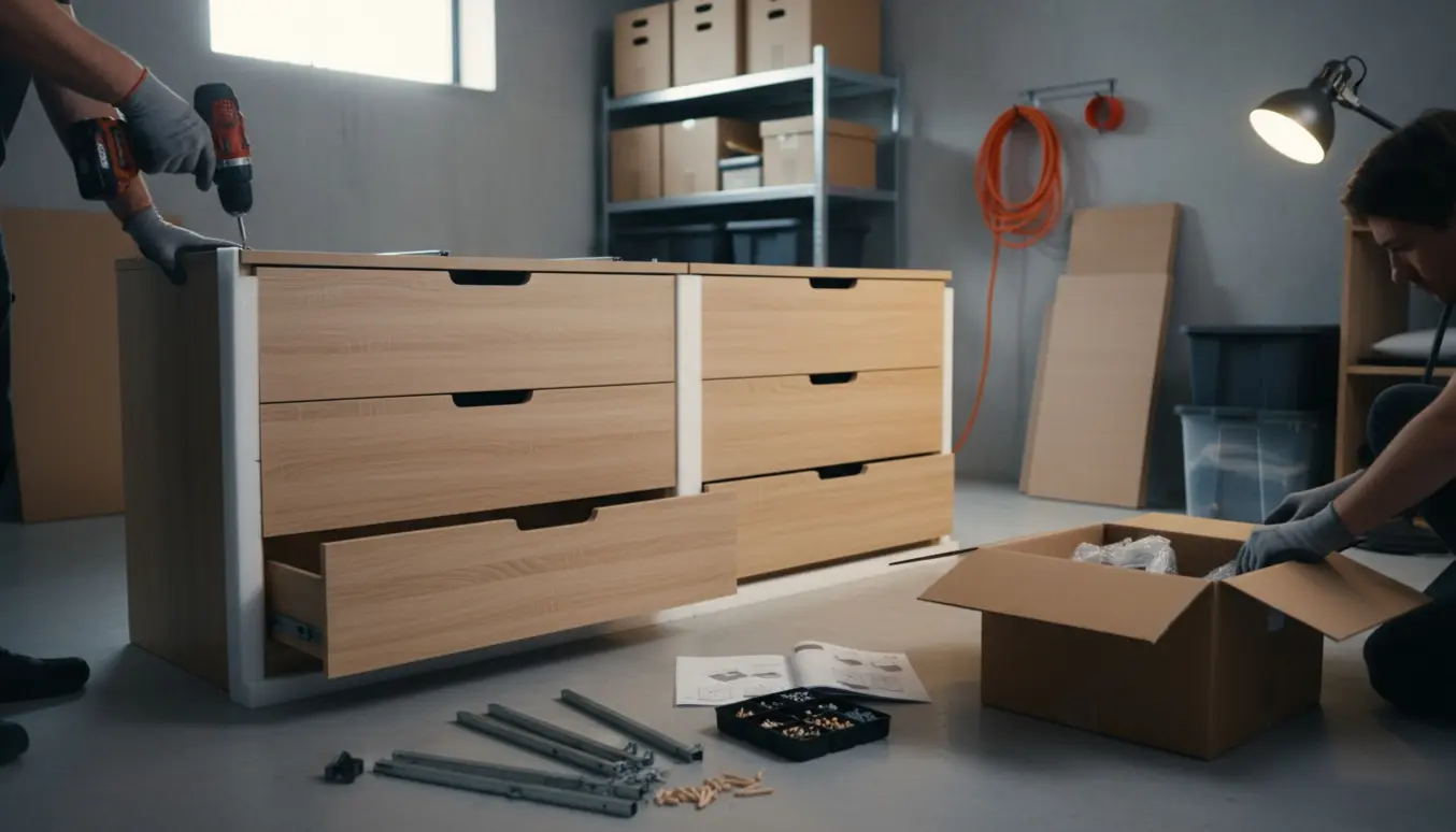 Delvist samlet seks-skuffers kommode i en kælder med værktøj og manual klar.