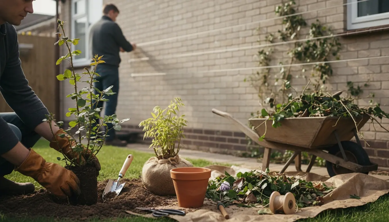 Nærbillede af plantning af en rose og opsætning af tråde til blåregn med fjernet vedbend og visne blade samlet ved siden af.